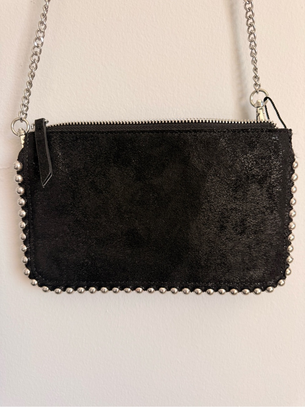 Zara Black Suede Crossbody with Silver Stud Trim and Chain